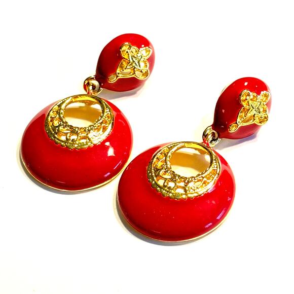 Mod pierced earrings 1980s style Goldtone drop & dangle hot pink enamel finish - Picture 2 of 6